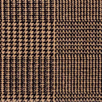 Textile sample, tan and dark brown, geometric grid with tweed-like dots, striped, squared, and linear textured patterns.